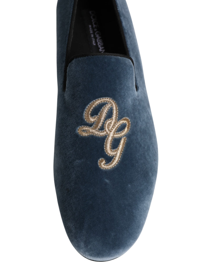 Dolce & Gabbana Blue Velvet DG Logo Loafers Formal Shoes