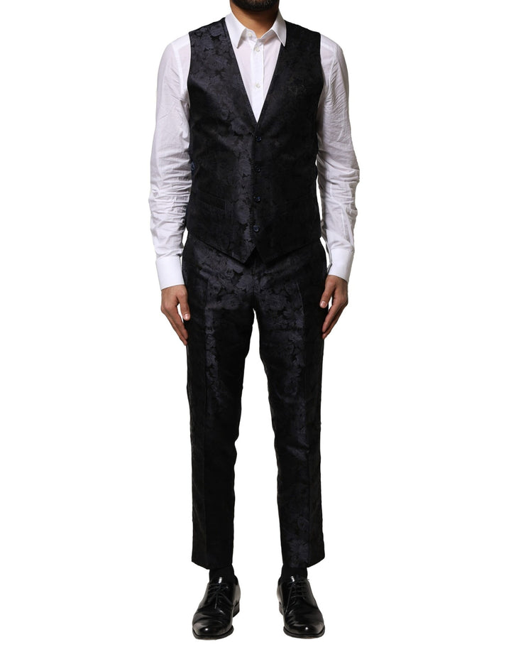 Dolce & Gabbana Dark Gray Black Jacquard 3 Piece Single Breasted Suit
