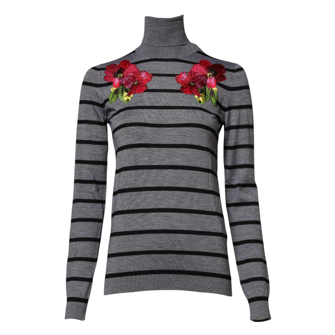 Dolce & Gabbana Gray Floral Embroidery Pullover Sweater