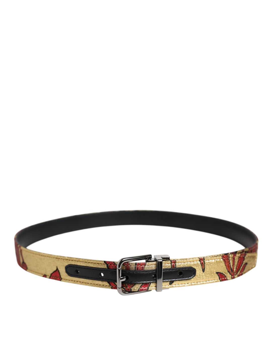 Dolce & Gabbana Gold Floral Jacquard Silver Metal Buckle Belt