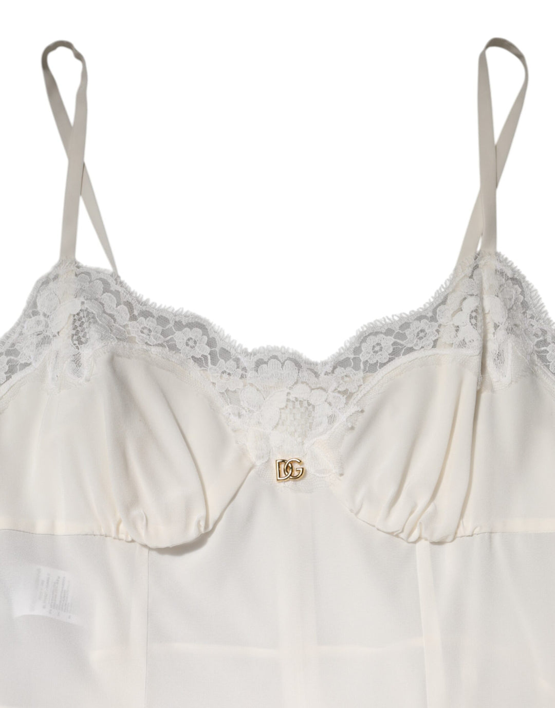 Dolce & Gabbana White Lace Gold DG Logo Silk Dress Sleepwear