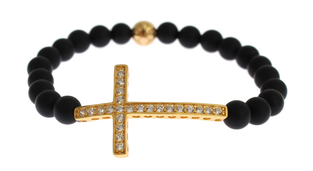 Nialaya Chic Matte Onyx Bead & CZ Diamond Cross Bracelet
