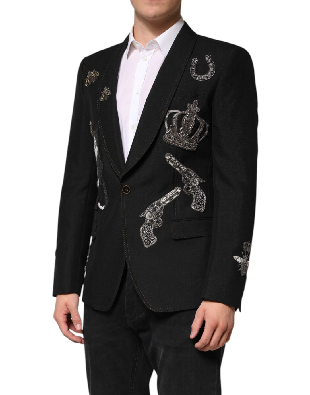 Dolce & Gabbana Black Bee Crown Embellished Suit Coat Blazer