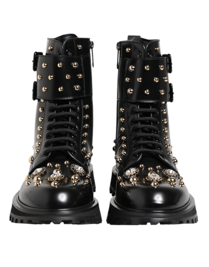 Dolce & Gabbana Black Studded Lace Up Mid Calf Boots Shoes