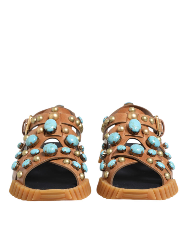 Dolce & Gabbana Brown Leather Studded Slides Sandals Shoes