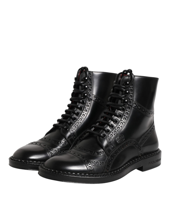 Dolce & Gabbana Black Leather Lace Up Mid Calf Boots Shoes