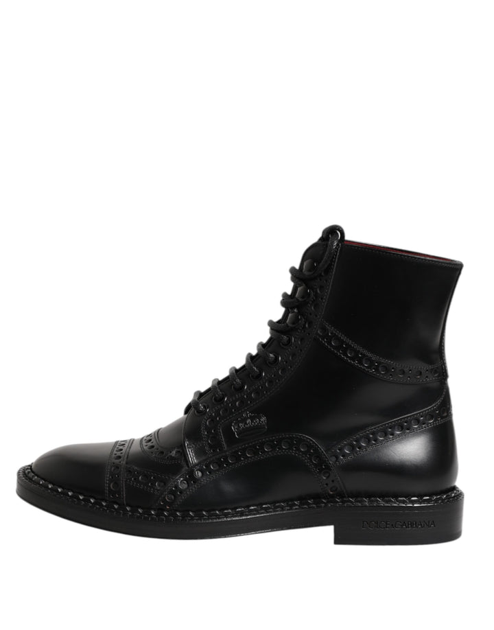 Dolce & Gabbana Black Leather Lace Up Mid Calf Boots Shoes