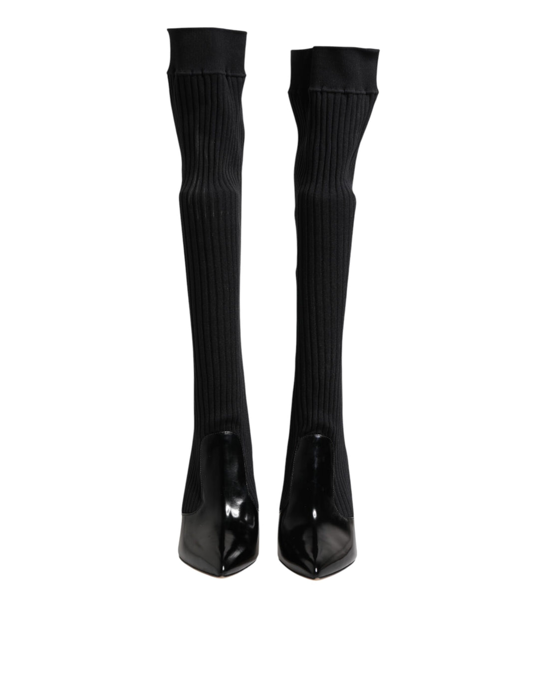 Dolce & Gabbana Black Leather Ribbed Knit Knee Boots Shoes