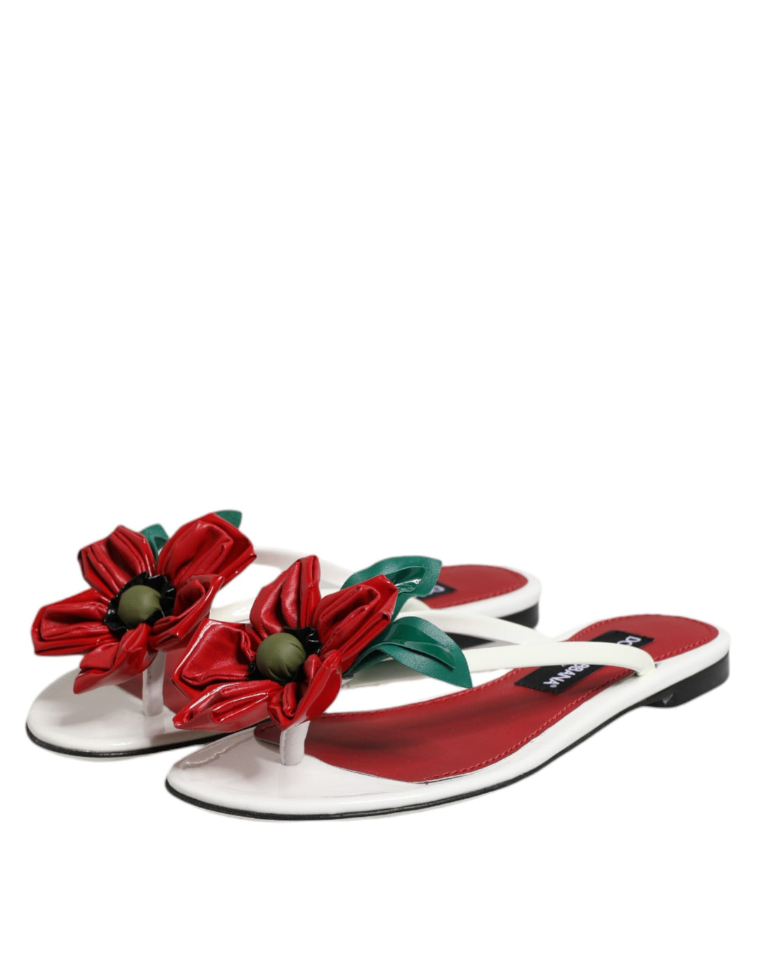 Dolce & Gabbana Red White KEIRA Flower Leather Sandals Shoes