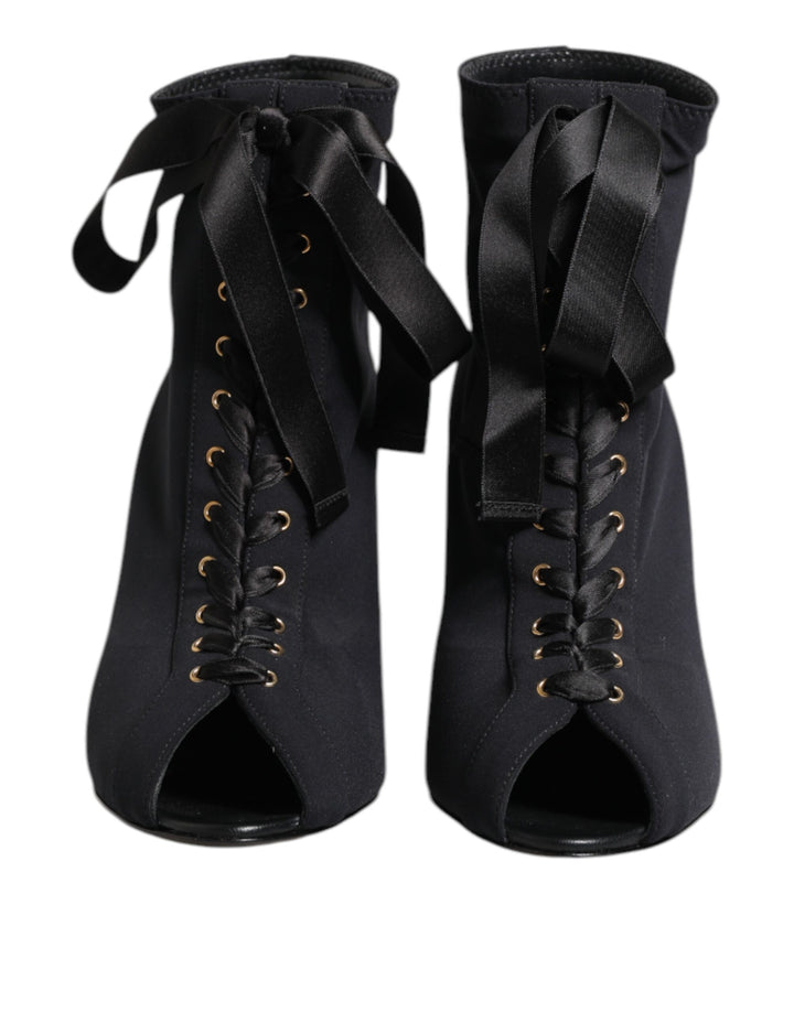 Dolce & Gabbana Black Stiletto Heels Lace Up Boots Shoes
