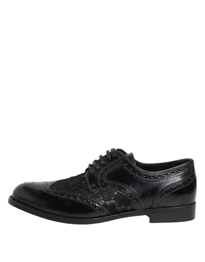 Dolce & Gabbana Black Leather Floral Lace Dress Formal  Shoes