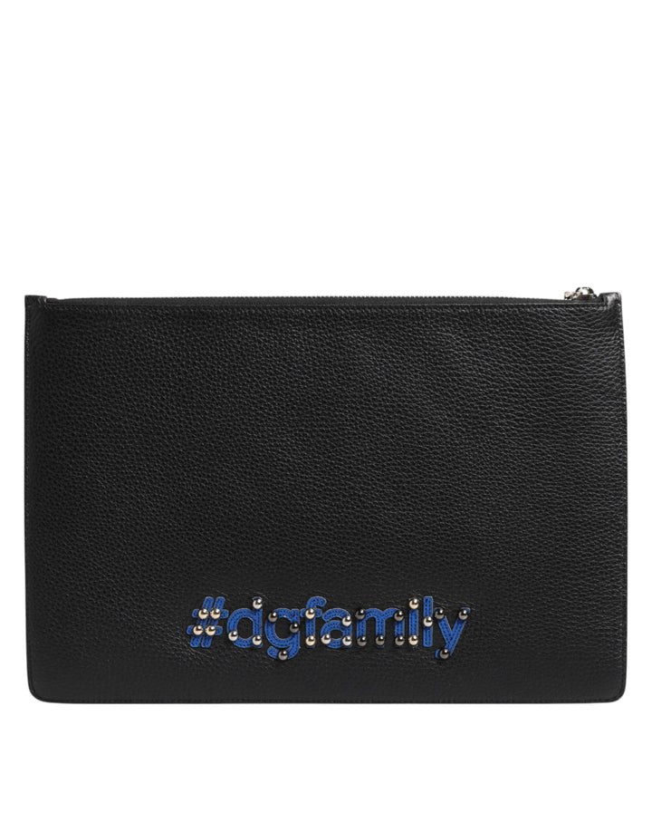Dolce & Gabbana Black Leather #DGFAMILY Embellished Men Clutch Pouch Bag