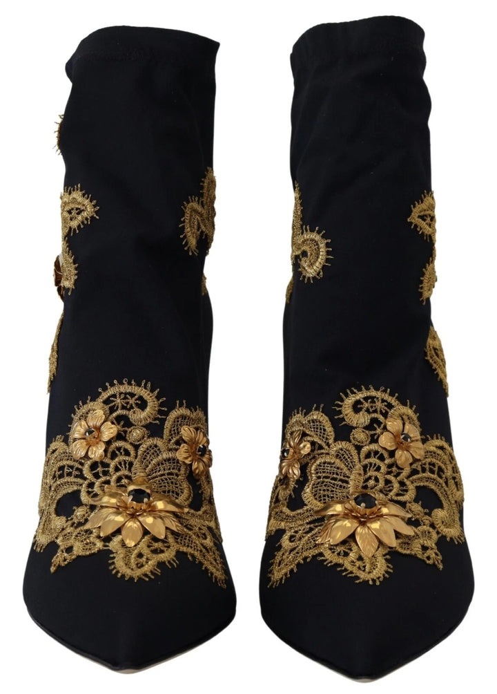 Dolce & Gabbana Black Gold Embroidery Crystal Boots Shoes