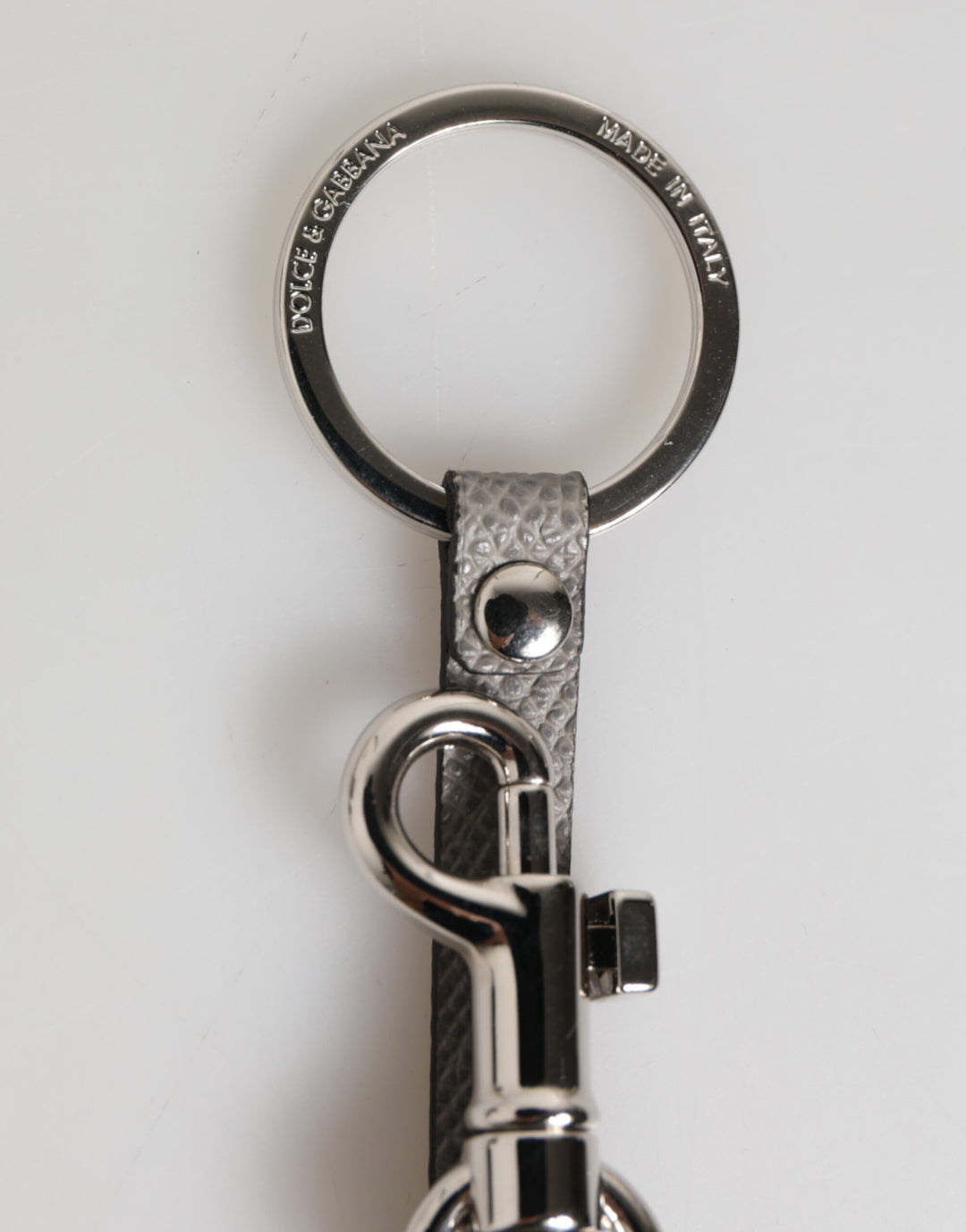 Dolce & Gabbana Gray Leather Logo Metal Ring Keychain Holder Men Keyring