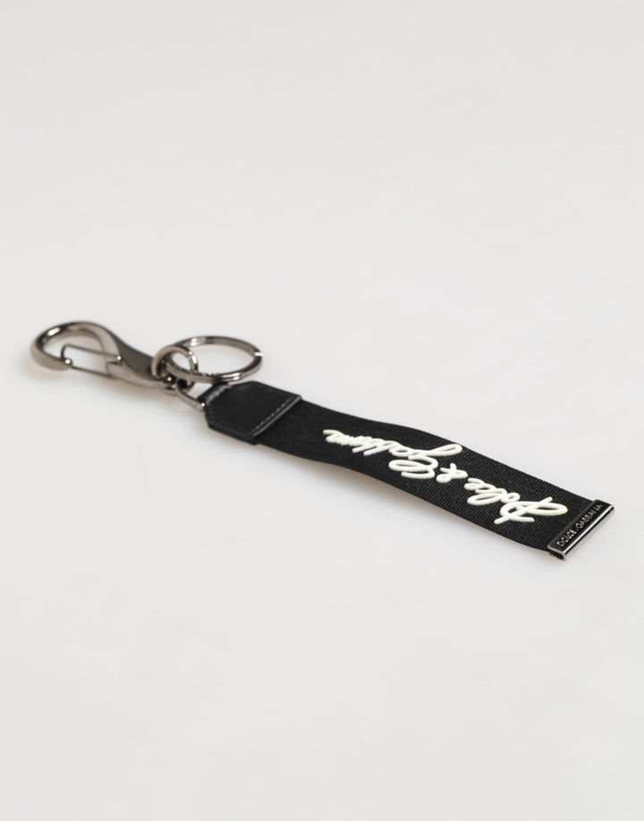 Dolce & Gabbana Black White Polyester DG Logo Silver Men Keychain Keyring