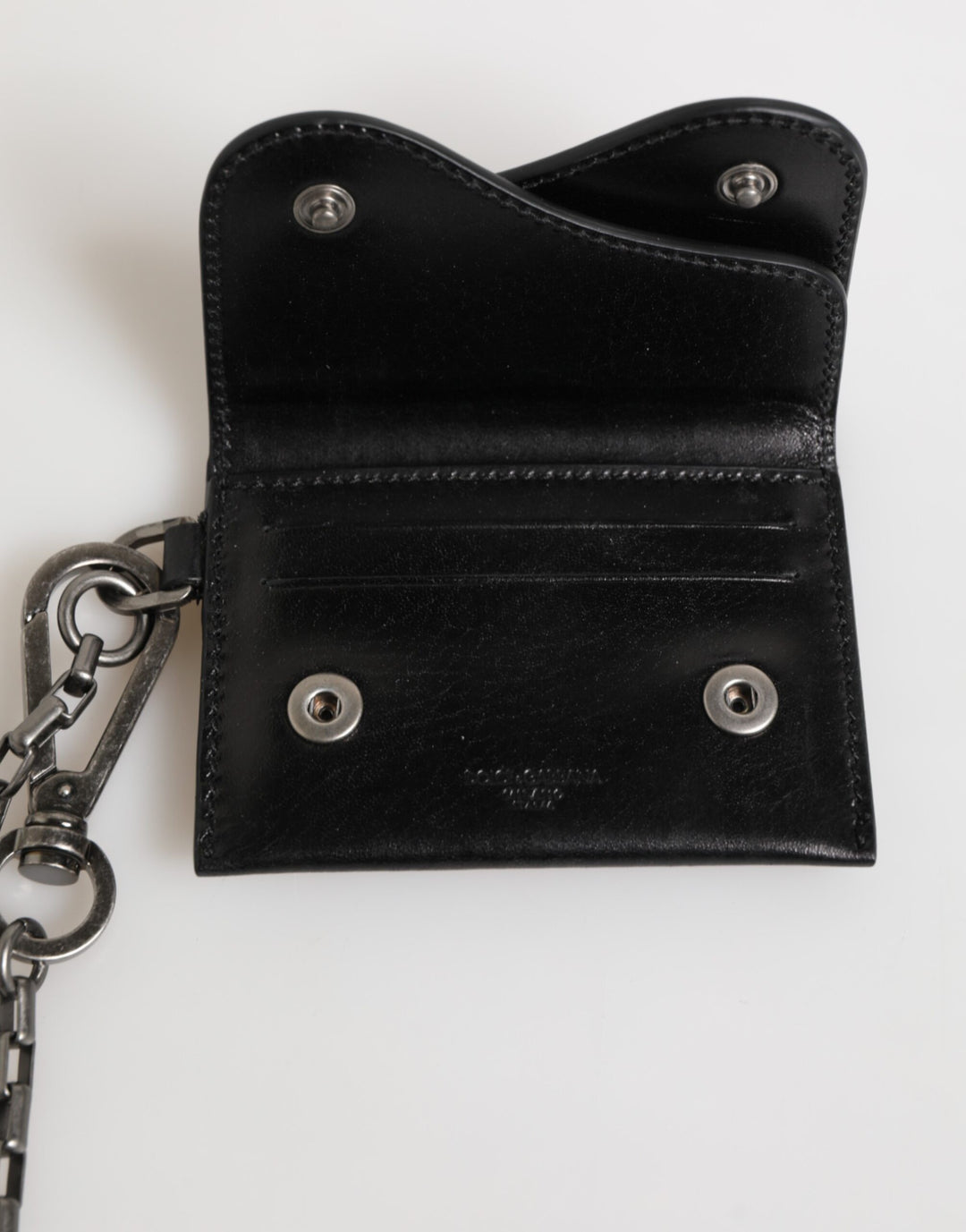 Dolce & Gabbana Black Cavallo Leather Wallet Chain Snap Bifold Card Holder