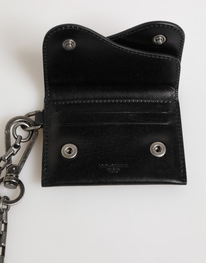 Dolce & Gabbana Black Cavallo Leather Wallet Chain Snap Bifold Card Holder