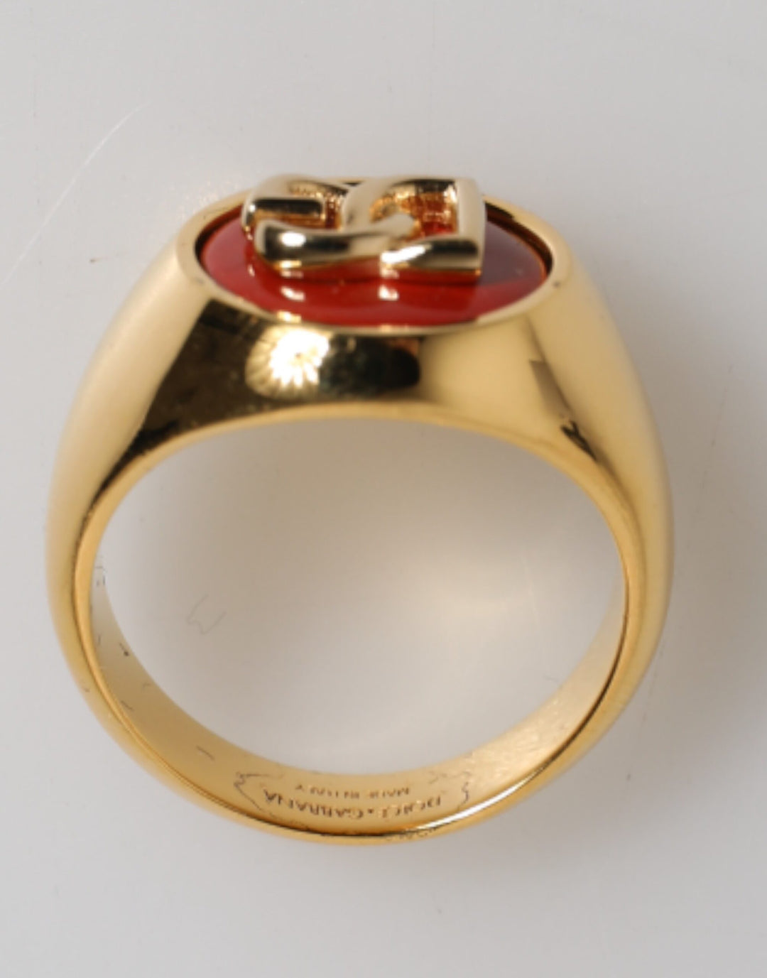 Dolce & Gabbana Gold Tone Real Brass Round Red DG Logo Men Ring