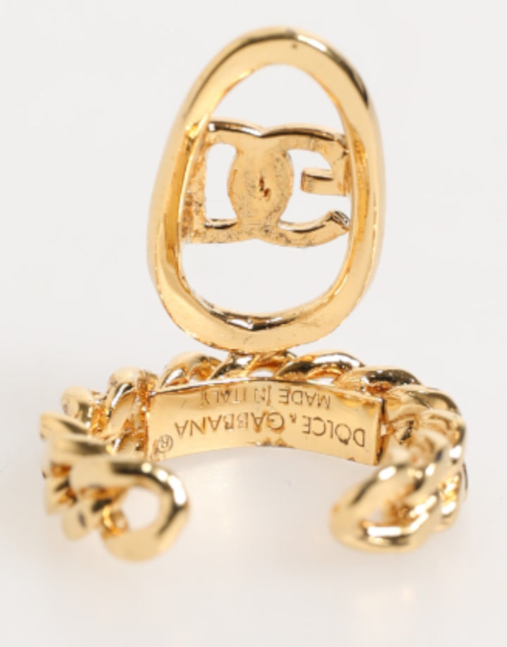 Dolce & Gabbana Gold Tone Brass Oval DG Logo Chain Adjustable Ring