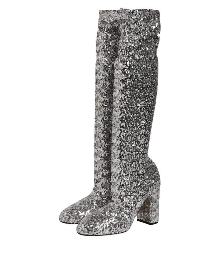 Dolce & Gabbana Shoes Silver Sequins Glitter High Heel Boot Shoes