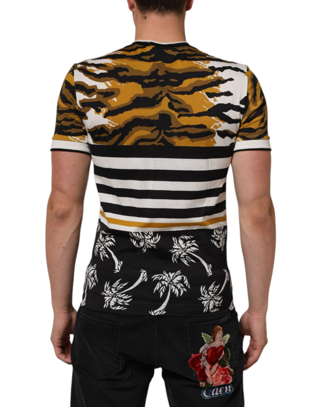 Dolce & Gabbana Multicolor Leopard Palm Leaf Men Crew Neck T-shirt