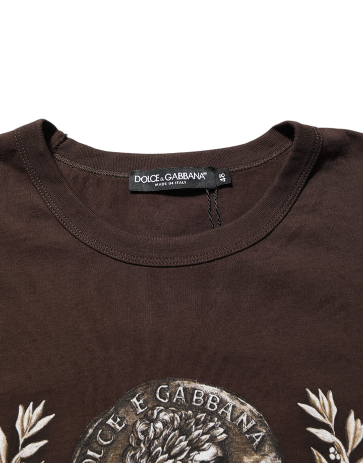 Dolce & Gabbana Brown Coin Laurel Print Men Crew Neck T-shirt