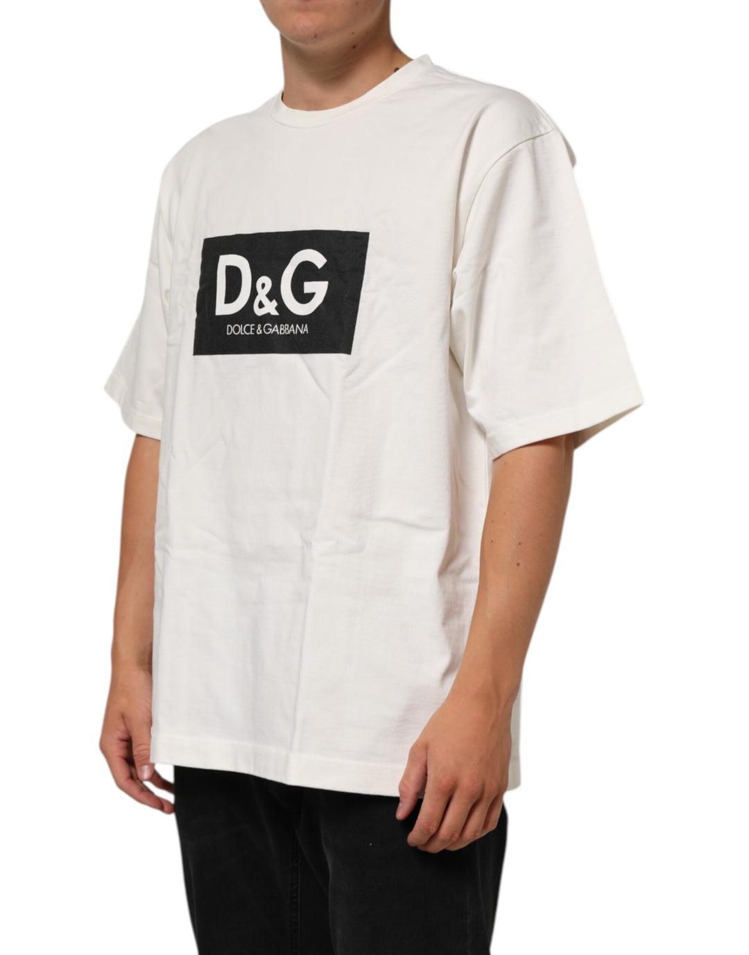 Dolce & Gabbana White Logo Print Cotton Crew Neck Men T-shirt