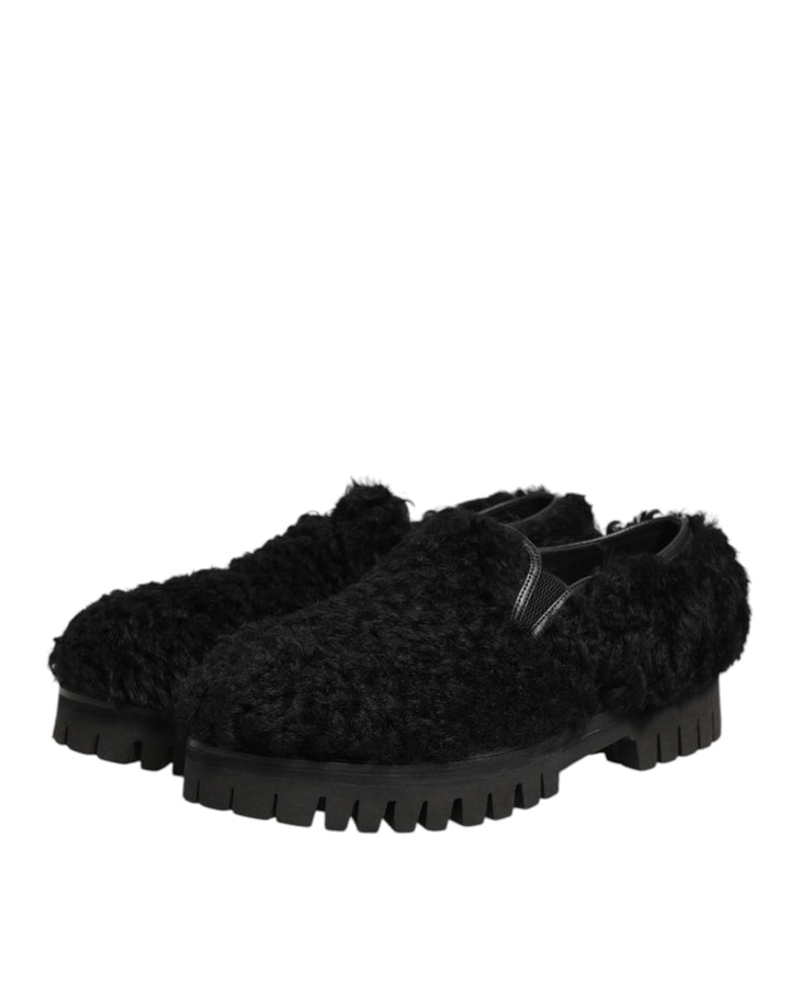 Dolce & Gabbana Dress Black Fur Leather Slippers Men Shoes