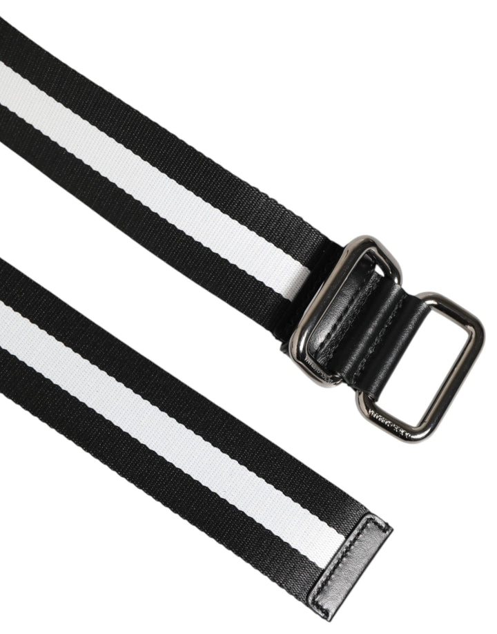 Dolce & Gabbana Black White Striped Logo Metal Buckle Belt