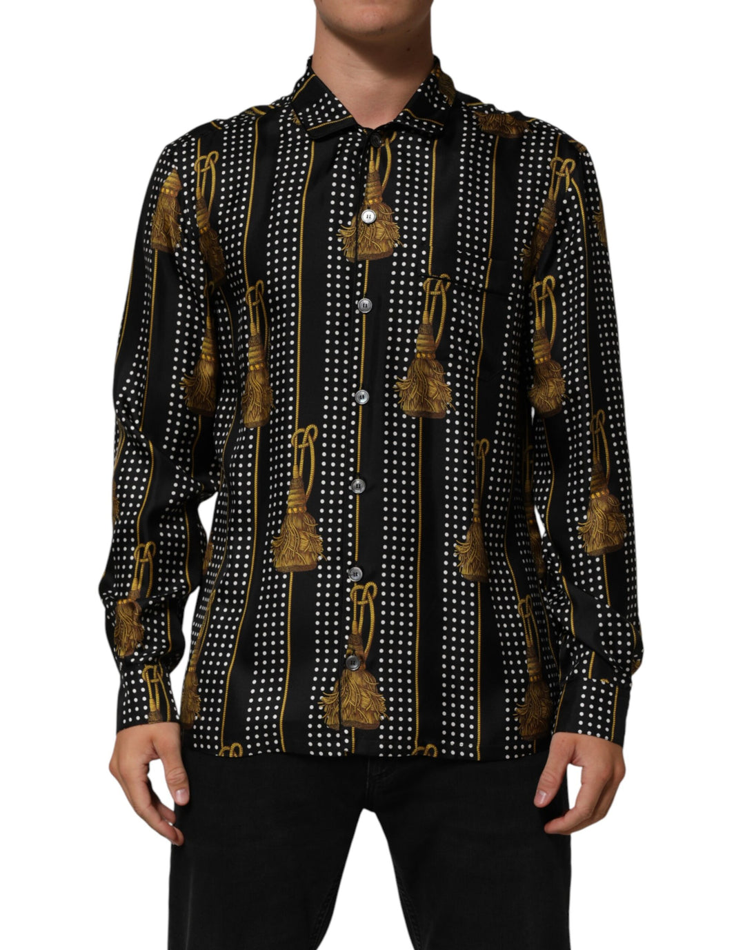 Dolce & Gabbana Black Dotted Tassel Silk Button Down Shirt
