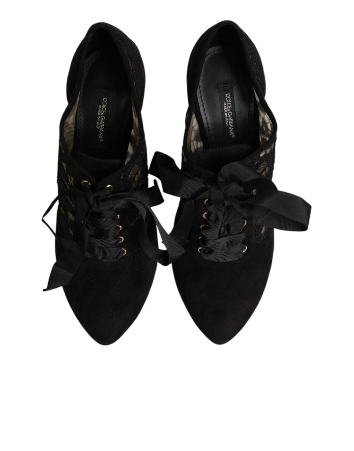 Dolce & Gabbana Black Floral High Heels LACE-UPS Pumps Shoes