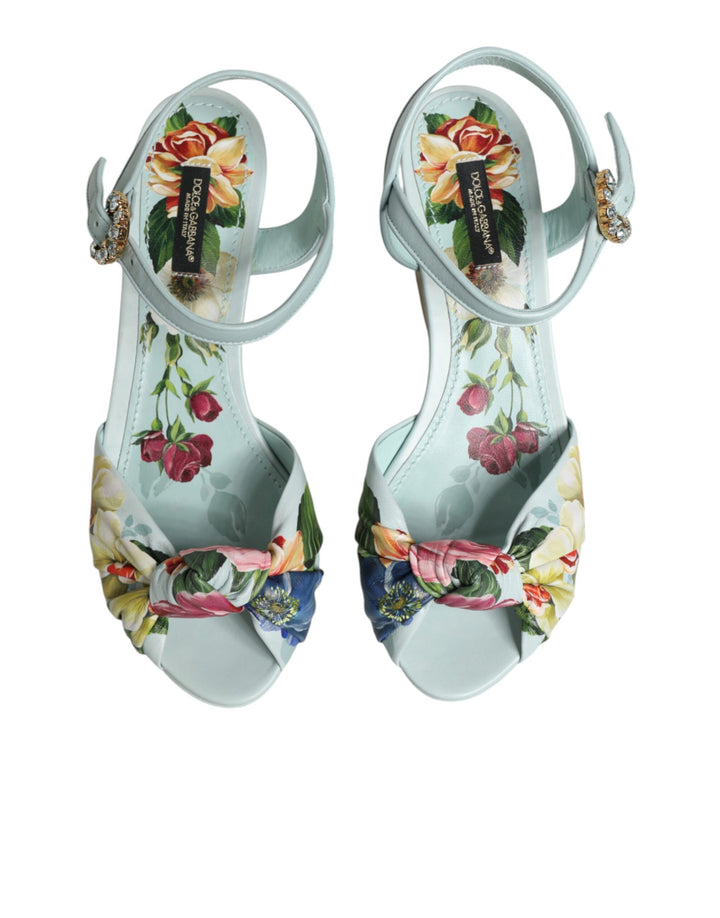 Dolce & Gabbana Green Floral Ankle Strap Wedge Sandals Shoes