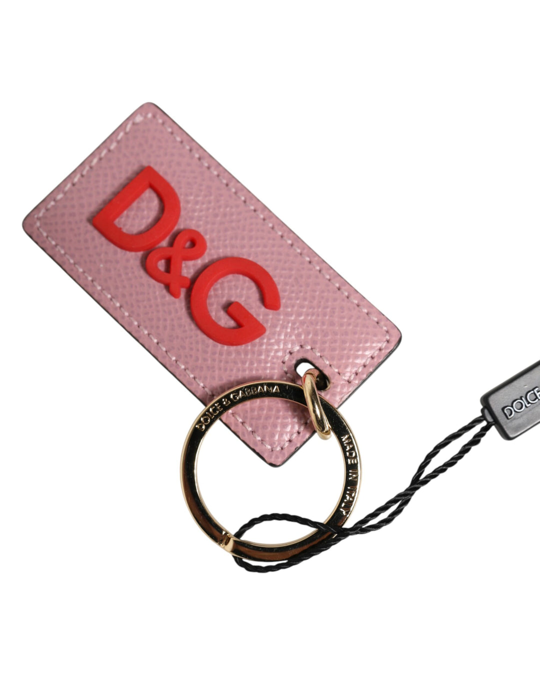 Dolce & Gabbana Pink Calf Leather Logo Metal Ring Men Keychain Keyring