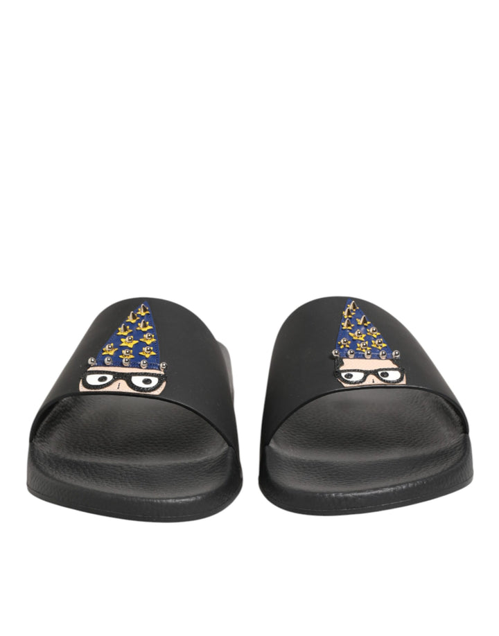 Dolce & Gabbana Black Leather Slides Sandals Beachwear Shoes