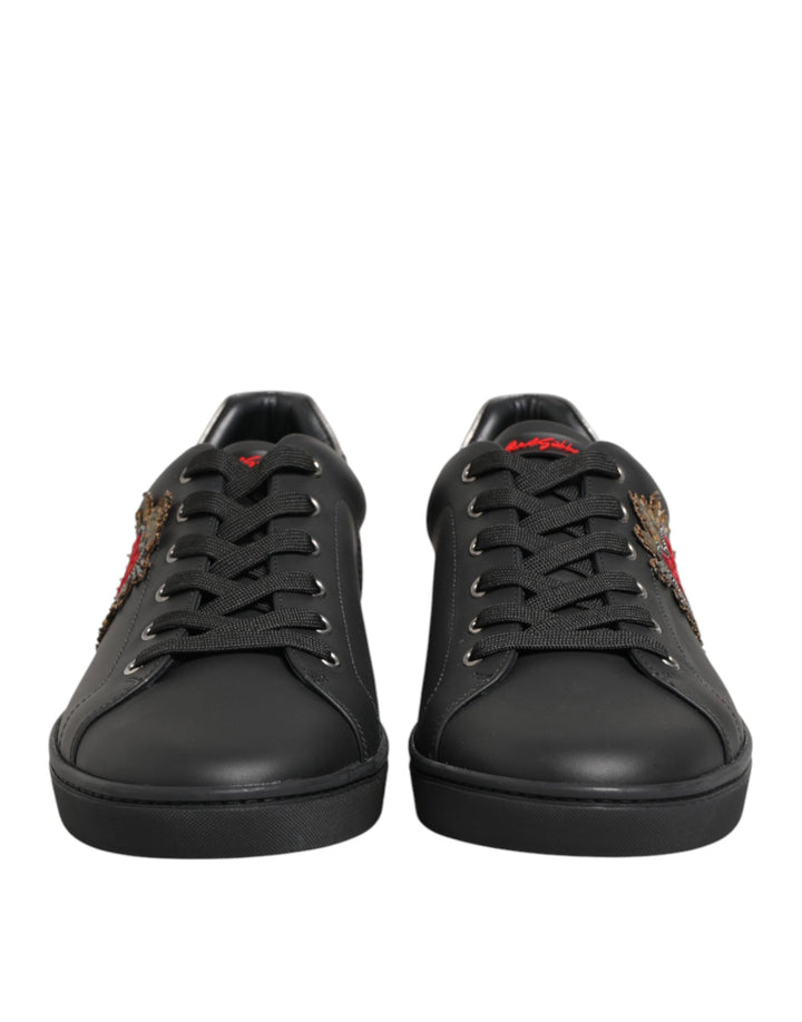 Dolce & Gabbana Black Leather Heart Embellished Sneakers Shoes