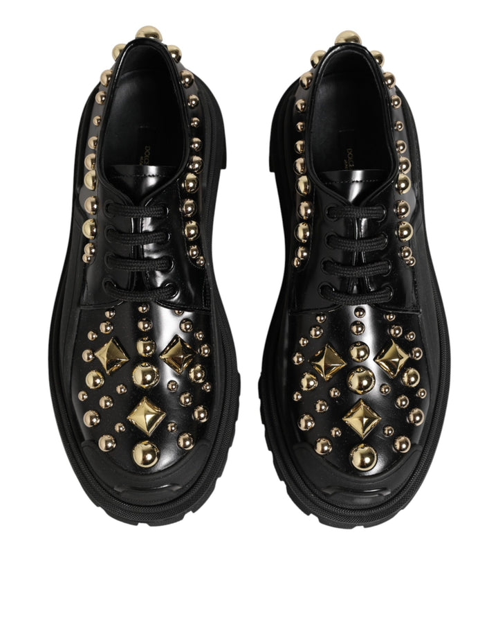 Dolce & Gabbana Black Leather Jeweled Crystals Derby Shoes