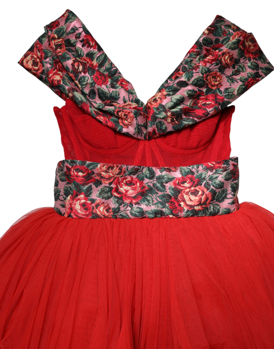 Dolce & Gabbana Red Floral Off Shoulder A-line Gown Dress