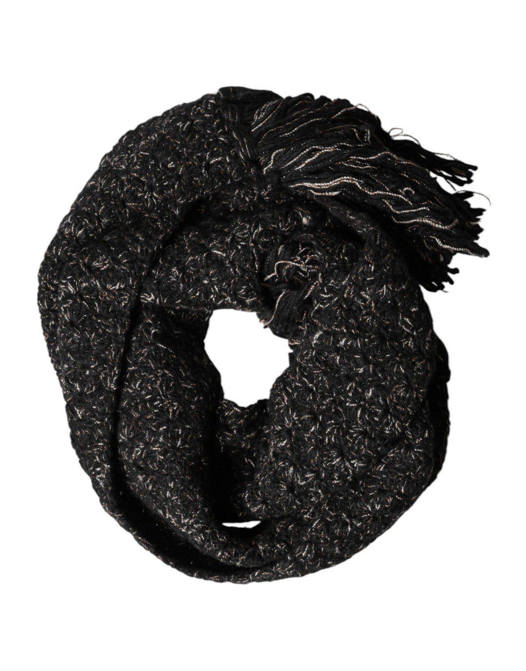 Dolce & Gabbana Black Wool Fringes Neck Wrap Foulard Scarf