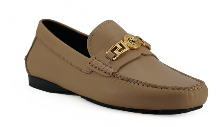 Versace Exquisite Medusa Gold-Tone Leather Loafers
