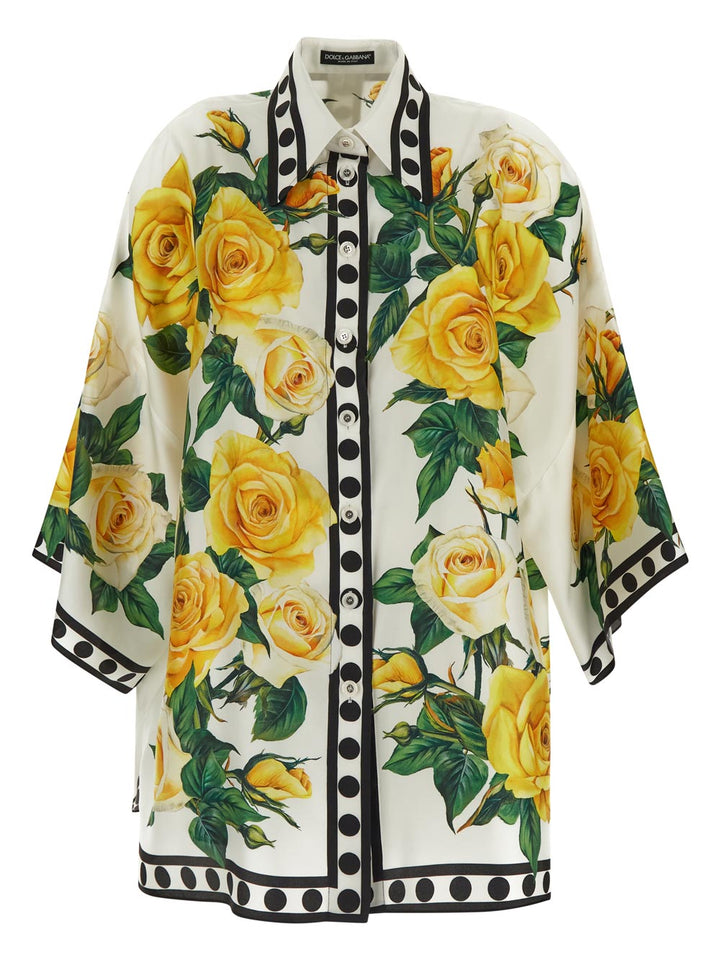 Dolce & Gabbana Oversize Silk Shirt With Yellow Rose Print