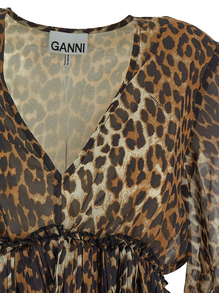 Ganni Leopard Pleated Georgette V-Neck Flounce Blouse