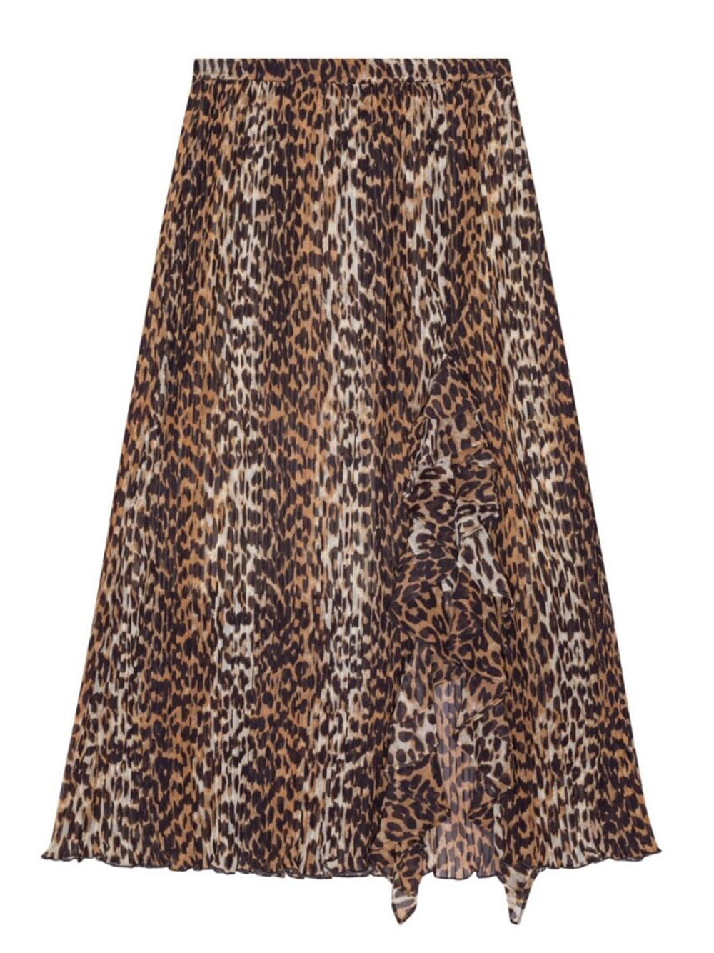 Ganni Leopard Pleated Georgette Midi Flounce Skirt