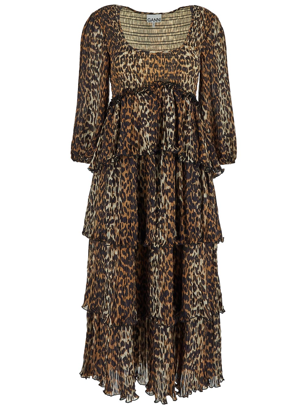 Ganni Leopard Pleated Georgette Flounce Smock Midi Dress