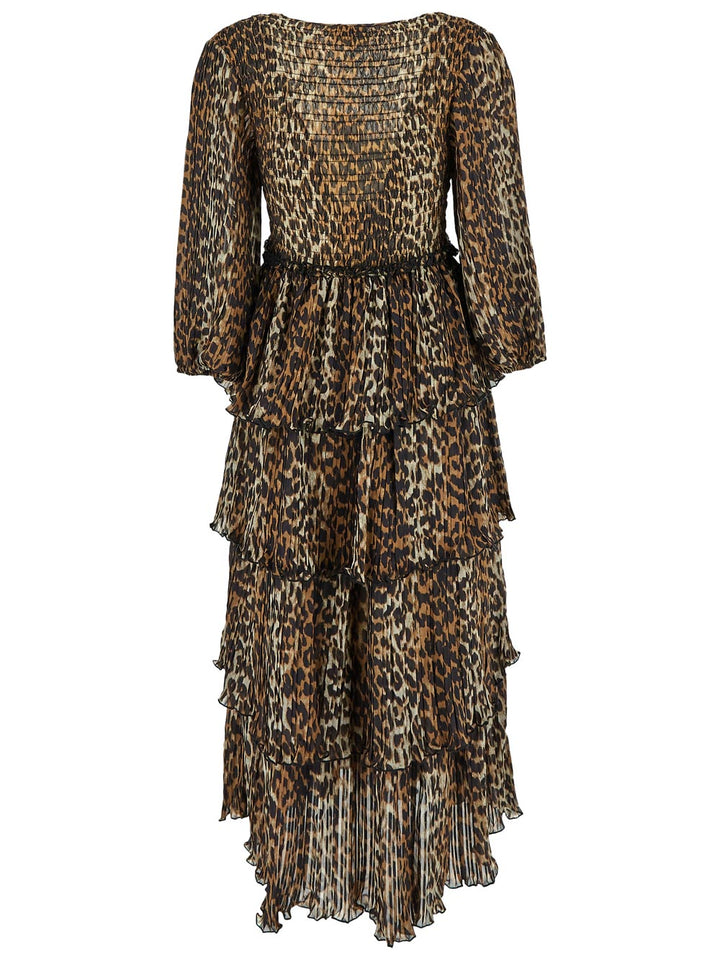 Ganni Leopard Pleated Georgette Flounce Smock Midi Dress