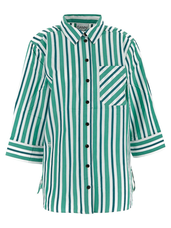 Ganni Green Striped Cotton Oversized Shirt
