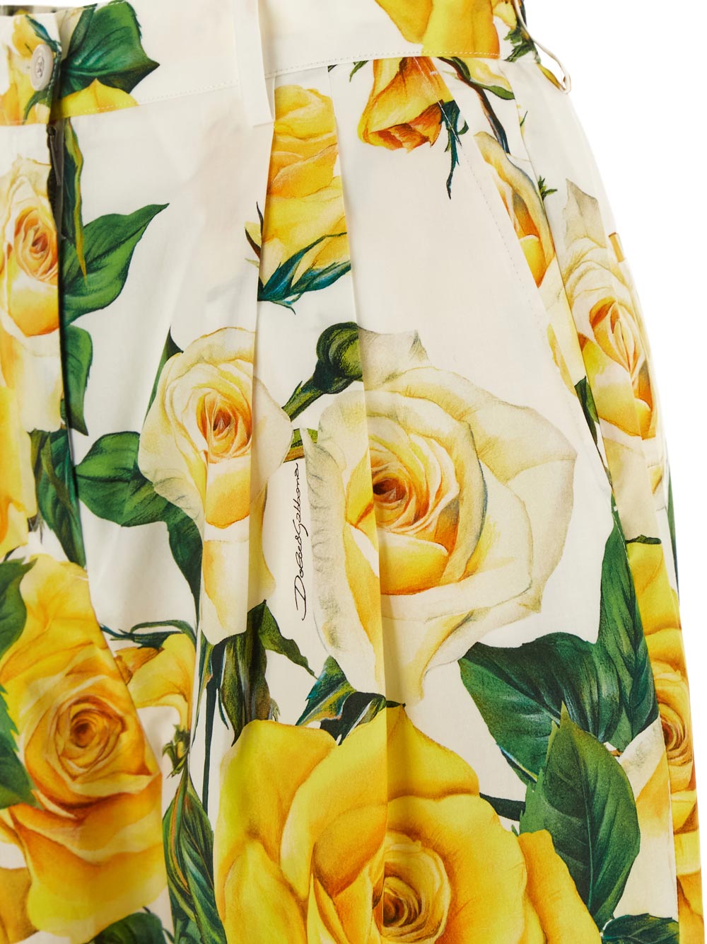 Dolce & Gabbana High-Waisted Cotton Pants With Yellow Rose Print