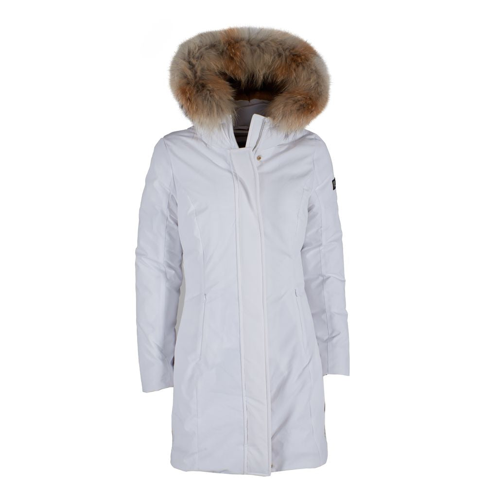 Yes Zee Chic White Down Jacket with Fur-Trimmed Hood