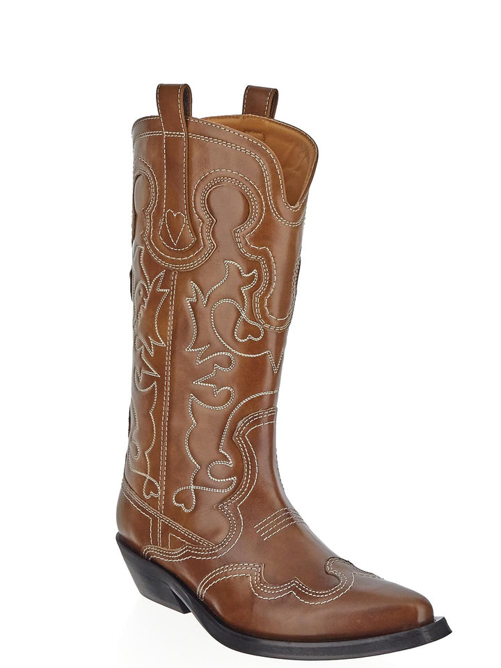 Ganni Brown Mid Shaft Embroidered Western Boots