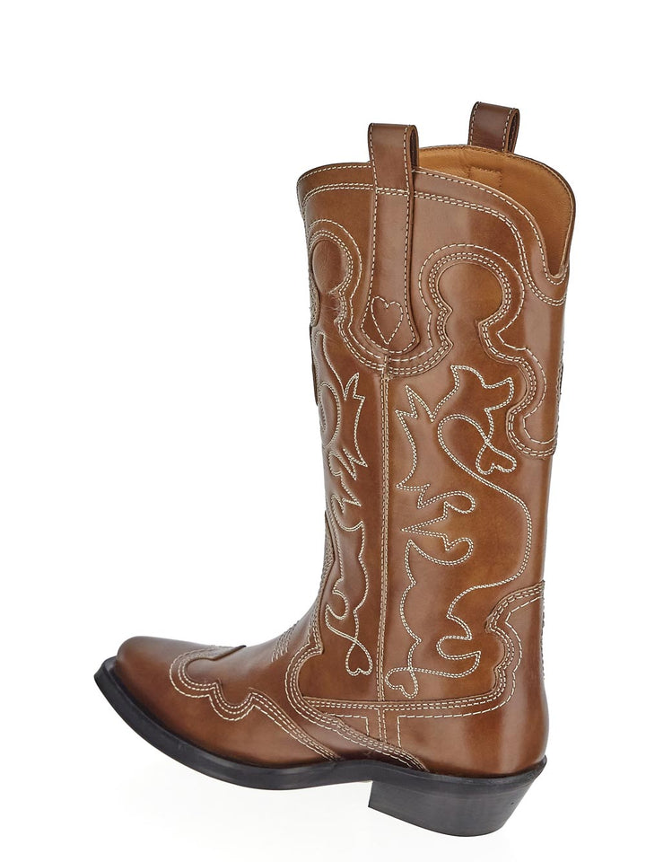 Ganni Brown Mid Shaft Embroidered Western Boots