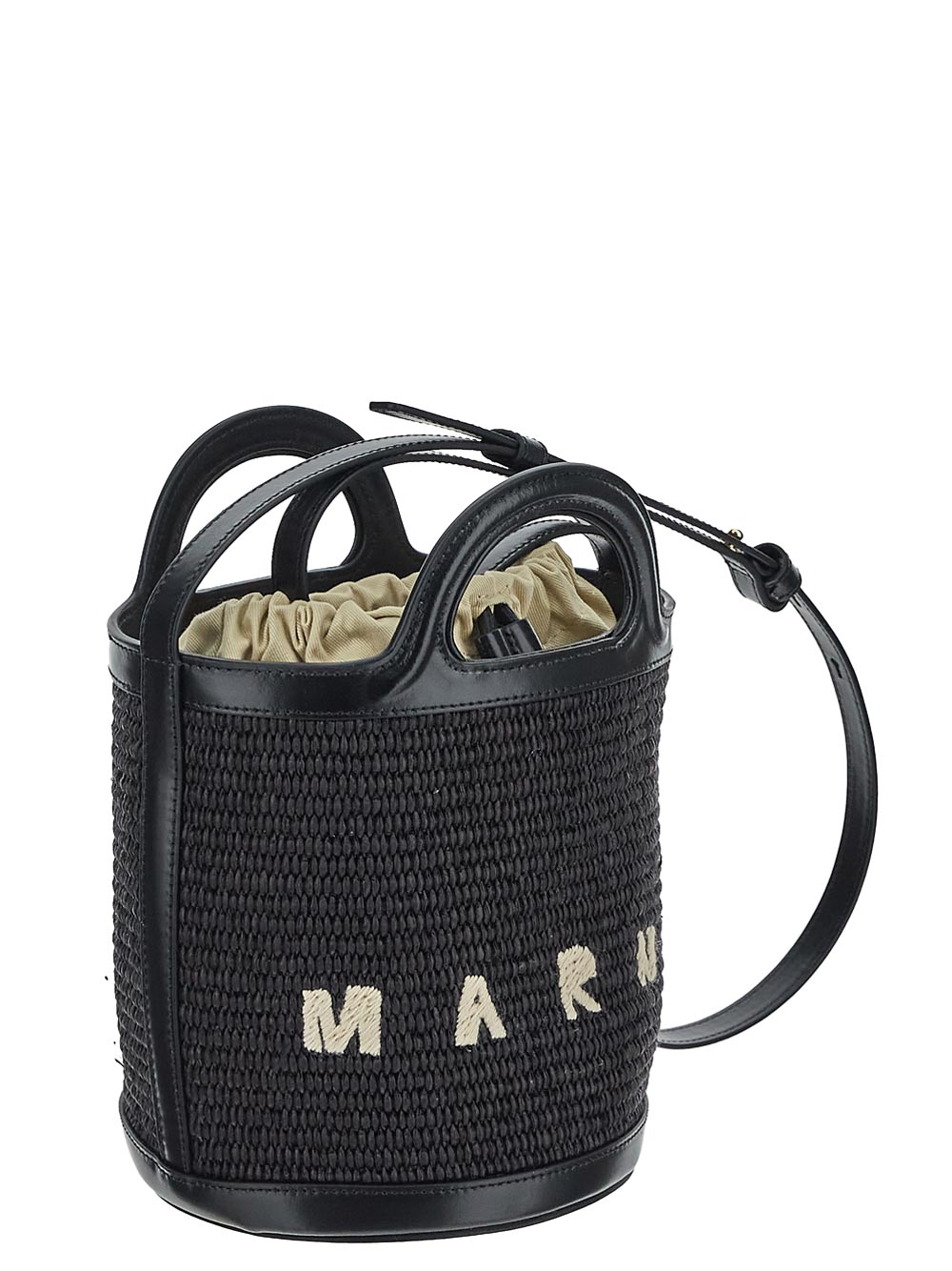 Marni Tropicalia Small Bucket Bag In Black Leather And Raffia-Effect Fabric